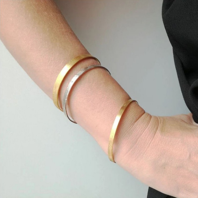 Gold stacking bangle, solid sterling, gold plated bracelet, flat thin modern, stacking bangle with trimmed surface and yellow go