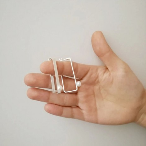 Square silver hoops, sterling square hoops, modern, scratched surface, silver hoops with silver plating and white pearl