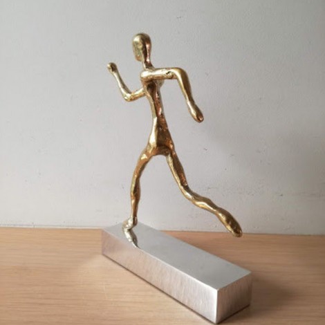 Minimalist runner sculpture, brass runner sculpture on aluminum base, golden runner figure on silver base, Greek athlete - runne 2