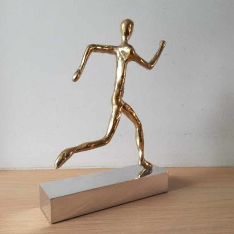 Minimalist runner sculpture, brass runner sculpture on aluminum base, golden runner figure on silver base, Greek athlete - runne