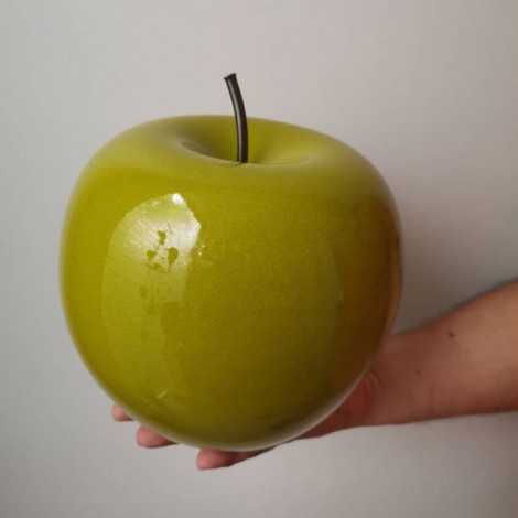 Ceramic apple sculpture, large green ceramic apple with black, iron stem 2