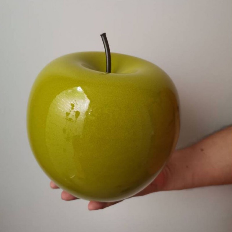 Ceramic apple sculpture, large green ceramic apple with black, iron stem