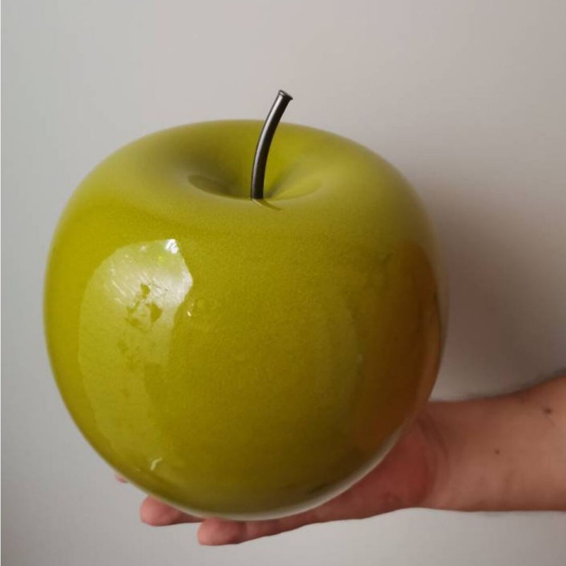 Ceramic apple sculpture, large green ceramic apple with black, iron stem