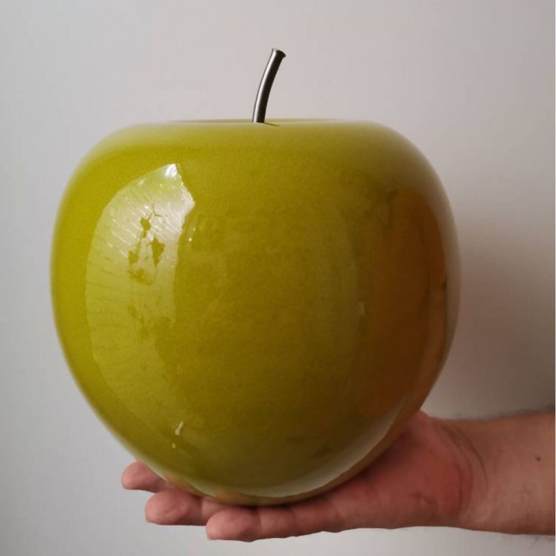 Ceramic apple sculpture, large green ceramic apple with black, iron stem