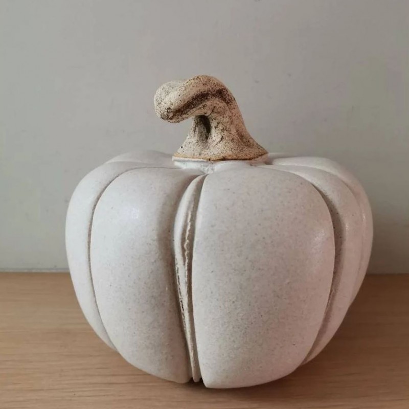 White ceramic pumpkin, hand built, ceramic pumpkin in creamy beige