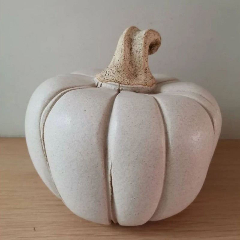 White ceramic pumpkin, hand built, ceramic pumpkin in creamy beige