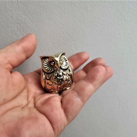 Tiny brass owl sculpture, Greek folk art sculpture of owl, solid brass, sitting owl figurine