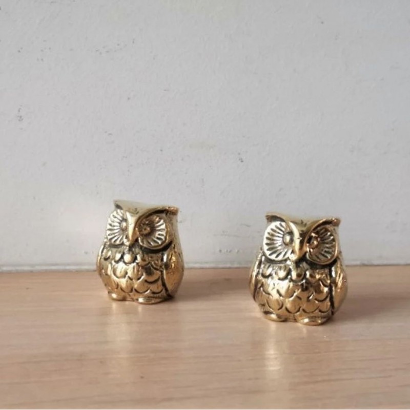 Tiny brass owl sculpture, Greek folk art sculpture of owl, solid brass, sitting owl figurine