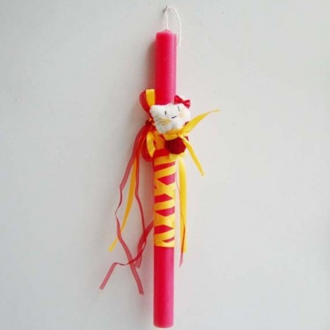 Red Greek Easter candle with felt kitty decoration, white and red felt kitty tied on a red Easter candle for girls