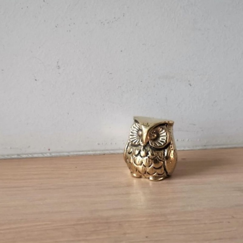 Tiny brass owl sculpture, Greek folk art sculpture of owl, solid brass, sitting owl figurine