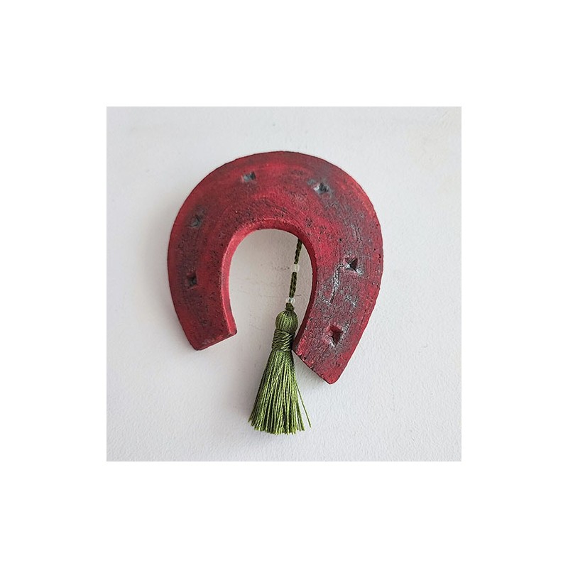 Red ceramic horseshoe, life size horseshoe in red, handbuilt horseshoe art object