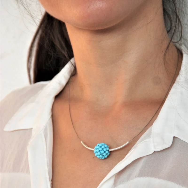 Turquoise ball necklace, turquoise and sterling silver minimalist choker on steel wire