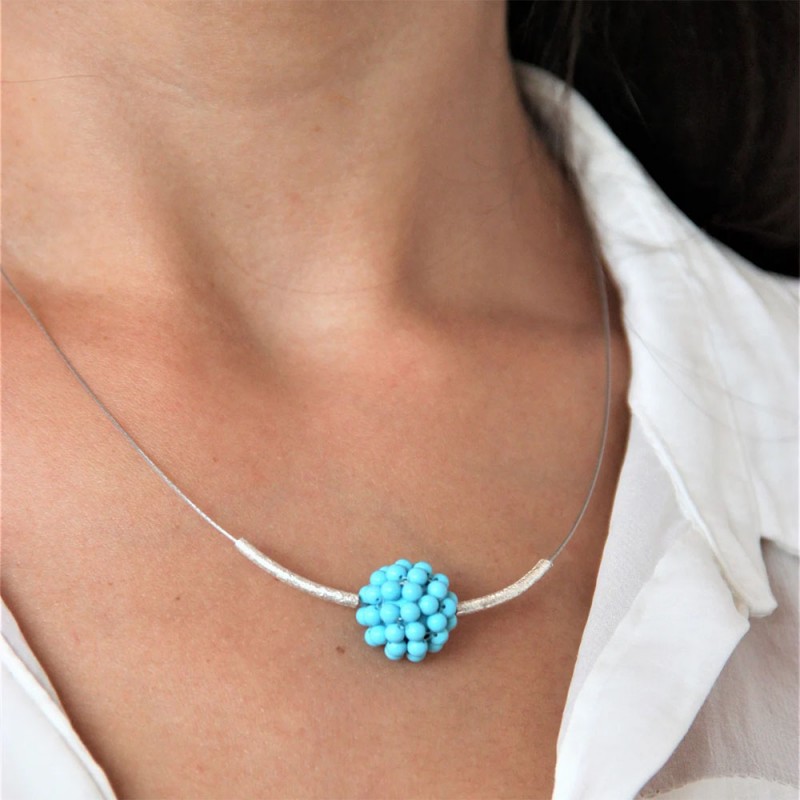 Turquoise ball necklace, turquoise and sterling silver minimalist choker on steel wire