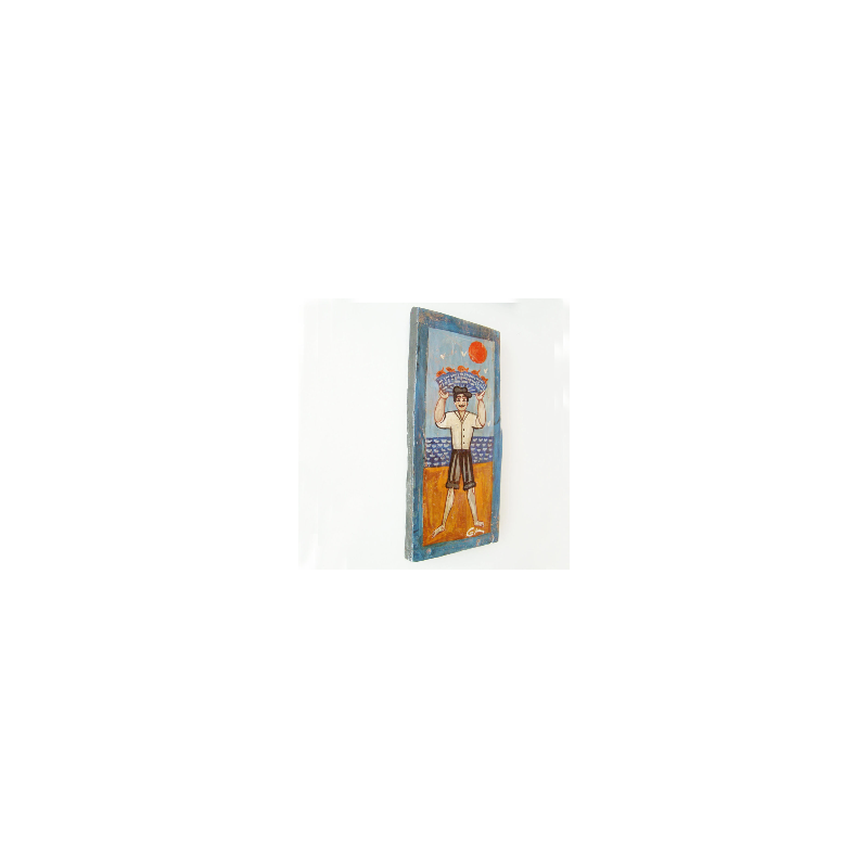 Fisherman folk painting, street fishmonger, Greek folk art fisherman,