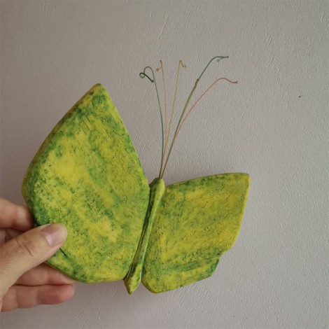Yellow butterfly wall hanging, ceramic butterfly in yellow green 2