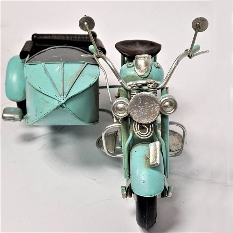 Blue miniature bike with a side car, moving parts,