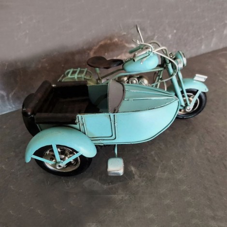 Blue miniature bike with a side car, moving parts, 2