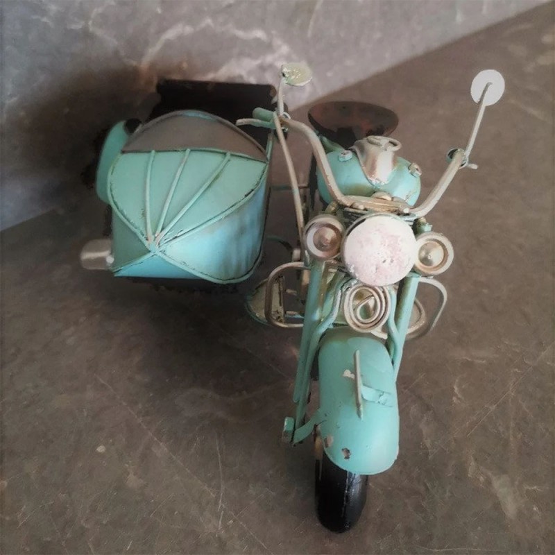 Blue miniature bike with a side car, moving parts,