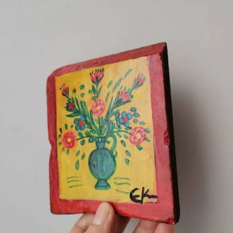 Vase with flowers painting, vintage folk art painting of vase with flowers on salvaged wood 2