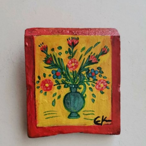 Vase with flowers painting, vintage folk art painting of vase with flowers on salvaged wood
