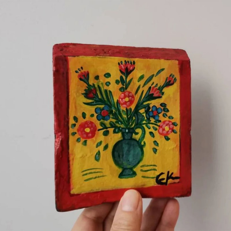 Vase with flowers painting, vintage folk art painting of vase with flowers on salvaged wood