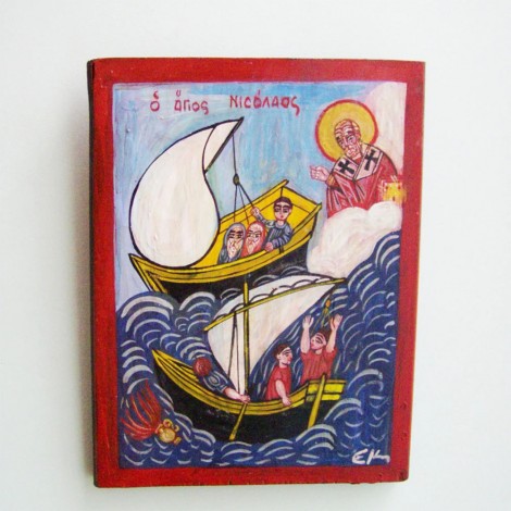 Saint Nicholas and sailors icon, vintage, Greek folk art icon of St. Nicholas, saving sailors in danger,