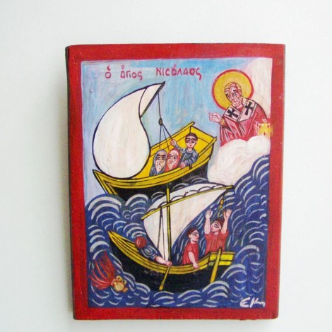 Saint Nicholas and sailors icon, vintage, Greek folk art icon of St. Nicholas, saving sailors in danger, 2