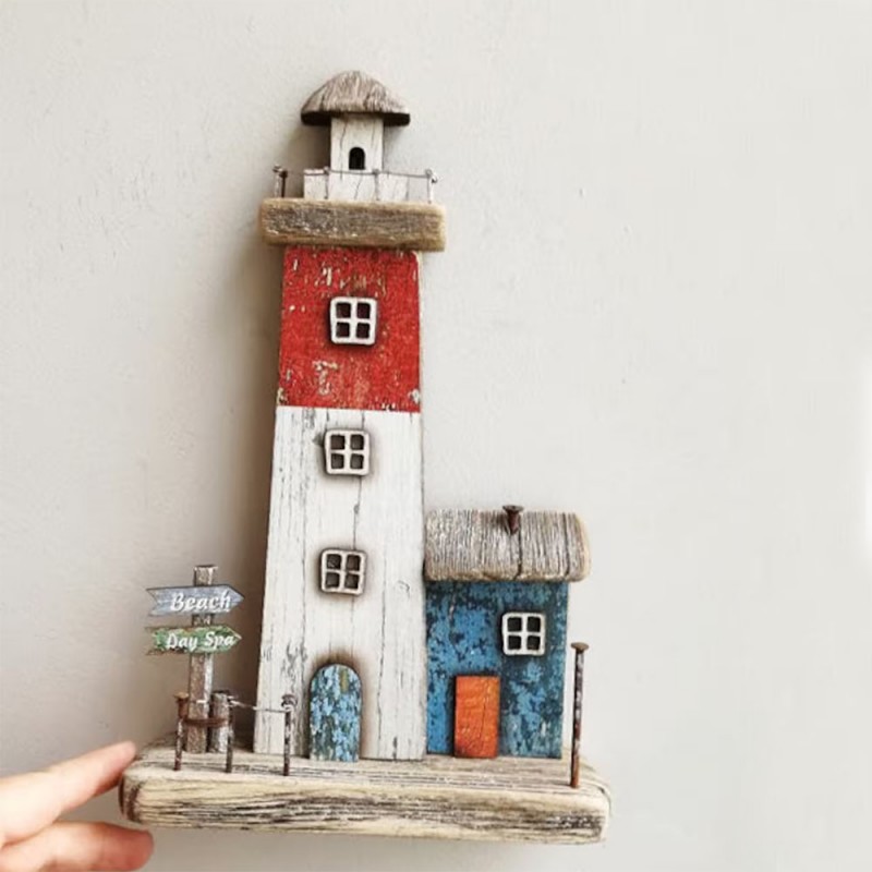 Decorative wooden lighthouse, rustic boho lighthouse, beach house decor lighthouse