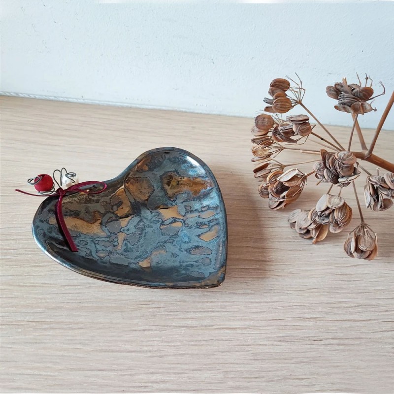Chocolate heart ceramic plate, heart brown black metallic heart art object