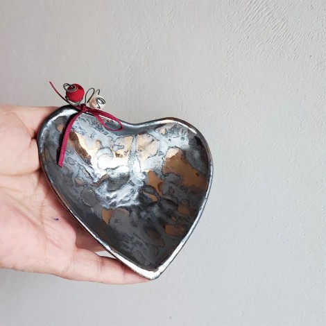 Chocolate heart ceramic plate, heart brown black metallic heart art object 2