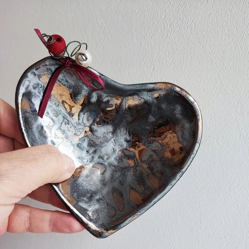 Chocolate heart ceramic plate, heart brown black metallic heart art object
