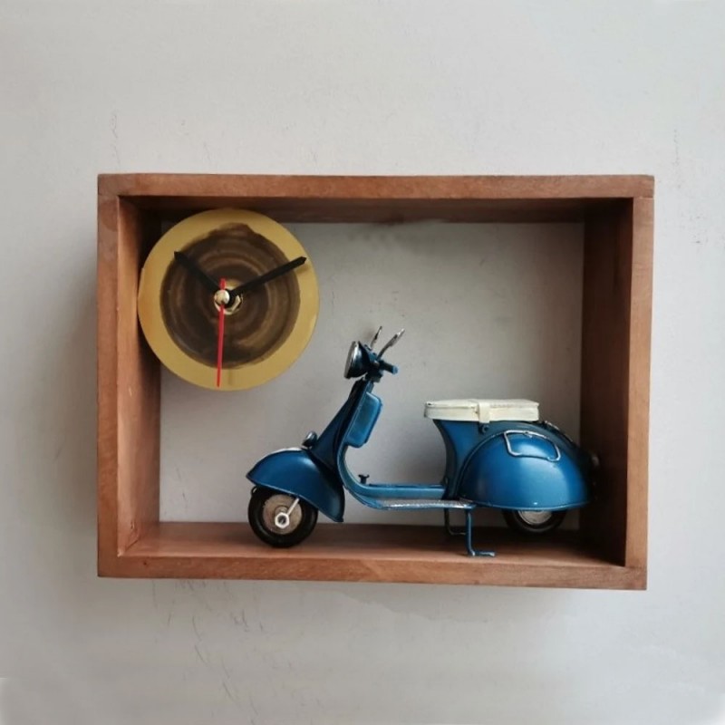 Blue scooter clock, wooden frame clock with navy blue scooter, miniature