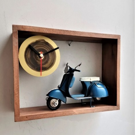 Blue scooter clock, wooden frame clock with navy blue scooter, miniature
