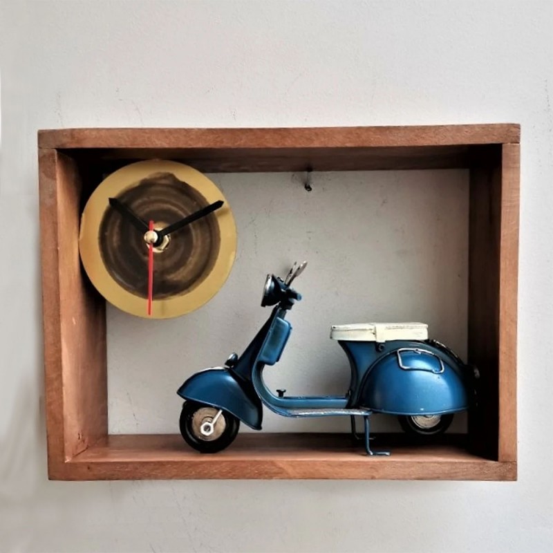 Blue scooter clock, wooden frame clock with navy blue scooter, miniature