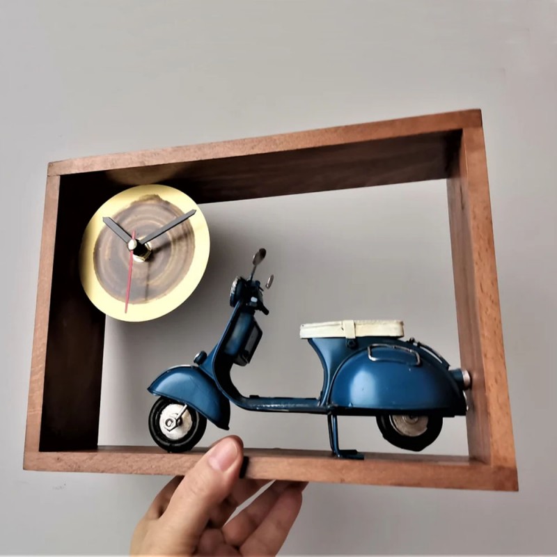 Blue scooter clock, wooden frame clock with navy blue scooter, miniature