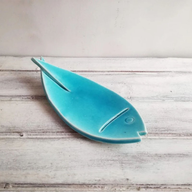 Blue fish plates, turquoise blue, porcelain fishie plates,