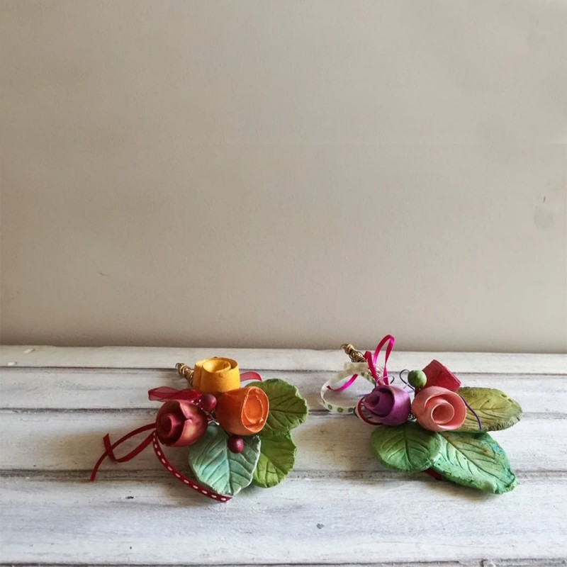 Ceramic rose bouquet, multi-coloured ceramic roses with ceramic leaves and brass wire stems