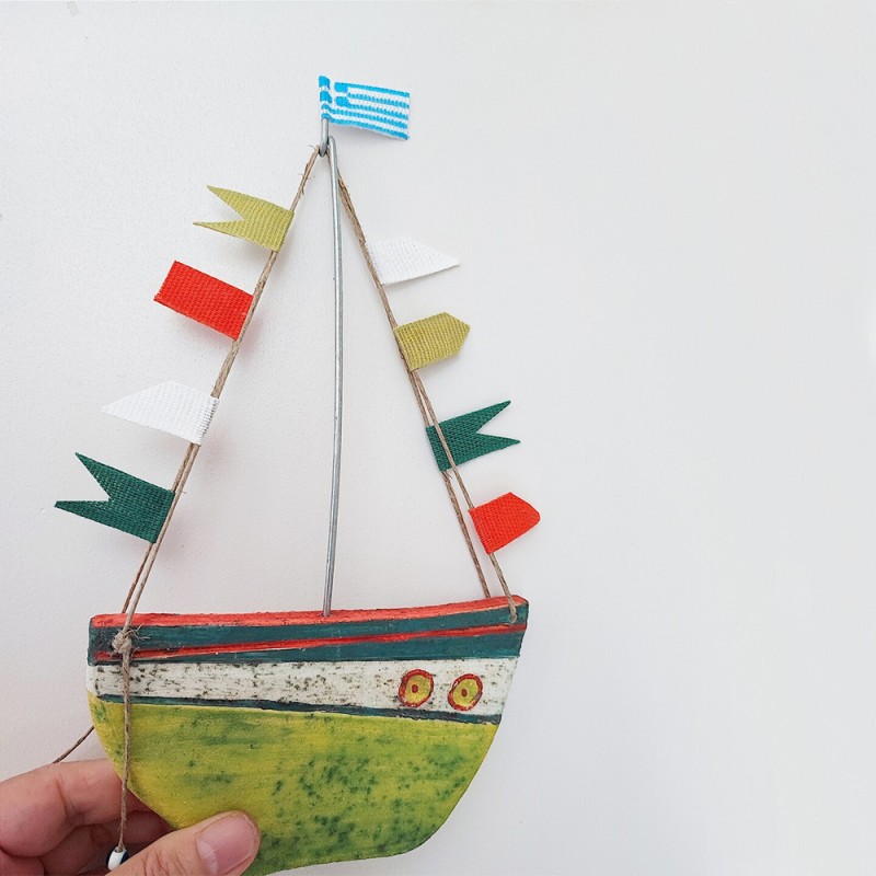 Yellow boat wall hanging, colourful, rustic Greek boat with banners,