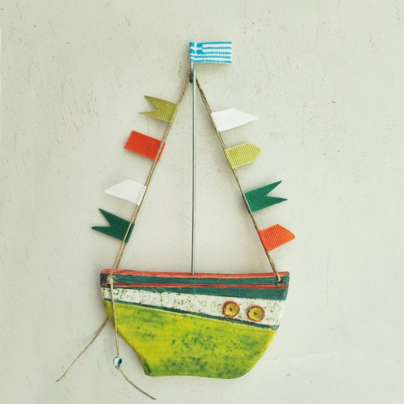 Yellow boat wall hanging, colourful, rustic Greek boat with banners,