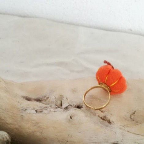 Pumpkin fabric ring, orange pumpkin ring on alloy, golden band, adjustable boho ring 2