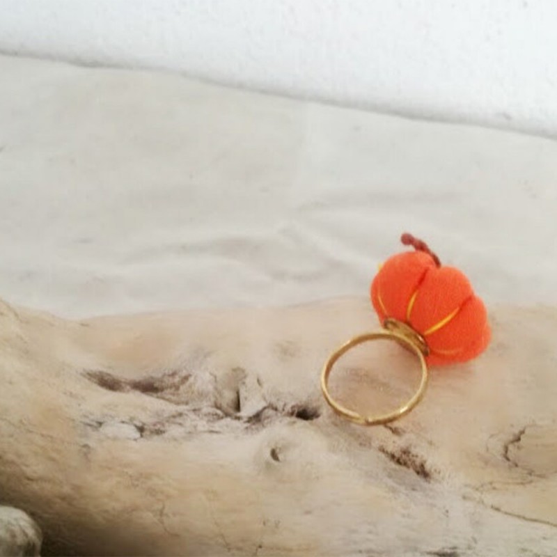 Pumpkin fabric ring, orange pumpkin ring on alloy, golden band, adjustable boho ring
