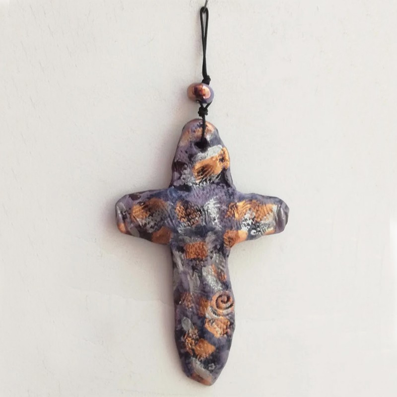 Boho ceramic cross, purple gold ceramic cross, earthenware clay handbuilt,