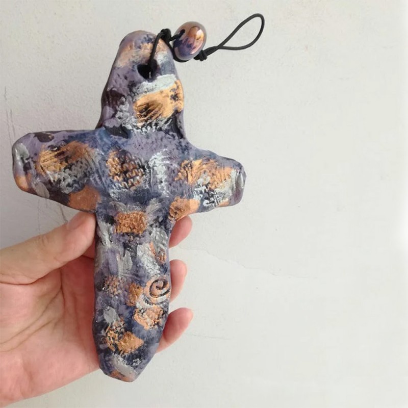 Boho ceramic cross, purple gold ceramic cross, earthenware clay handbuilt,