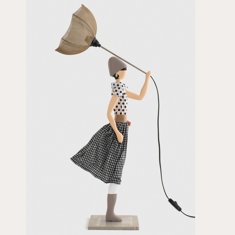 Wooden table lamp, girl with umbrella...