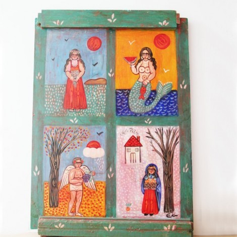 Four seasons painting, large folk art painting on wood, Greek folk art, vintage painting on salvaged wood
