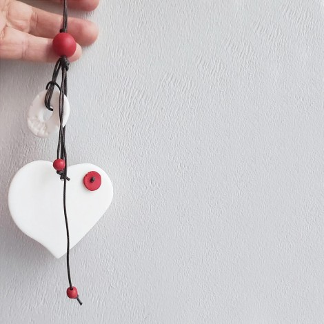 White heart ornament, porcelain, heart ornament with tag, white heart on red string, boho valentine's heart