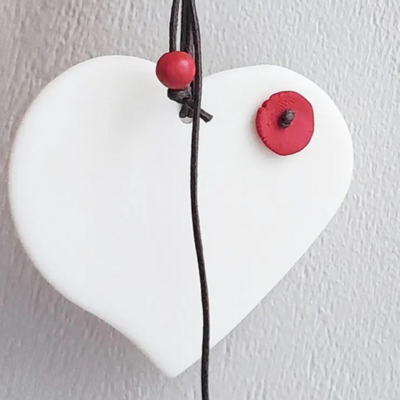White heart ornament, porcelain, heart ornament with tag, white heart on red string, boho valentine's heart