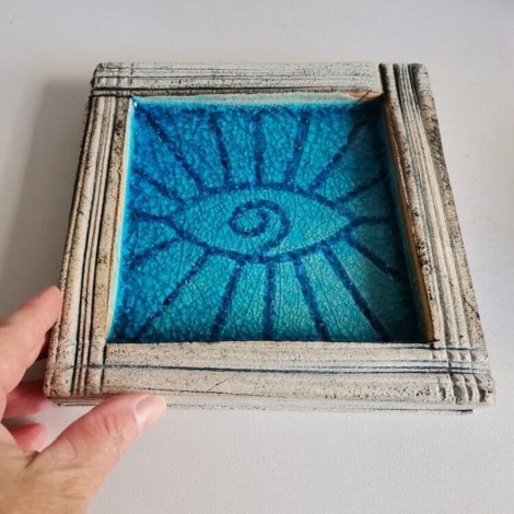Blue eye plate, square stoneware clay plate with turquoise eye-sun, handbuilt blue grey, eye ring plate