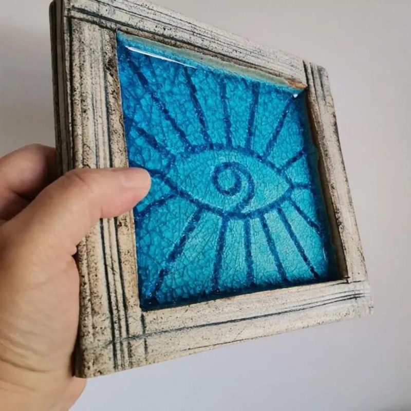 Blue eye plate, square stoneware clay plate with turquoise eye-sun, handbuilt blue grey, eye ring plate