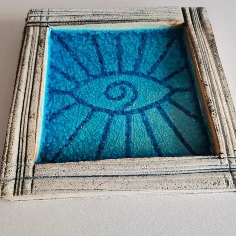 Blue eye plate, square stoneware clay plate with turquoise eye-sun, handbuilt blue grey, eye ring plate
